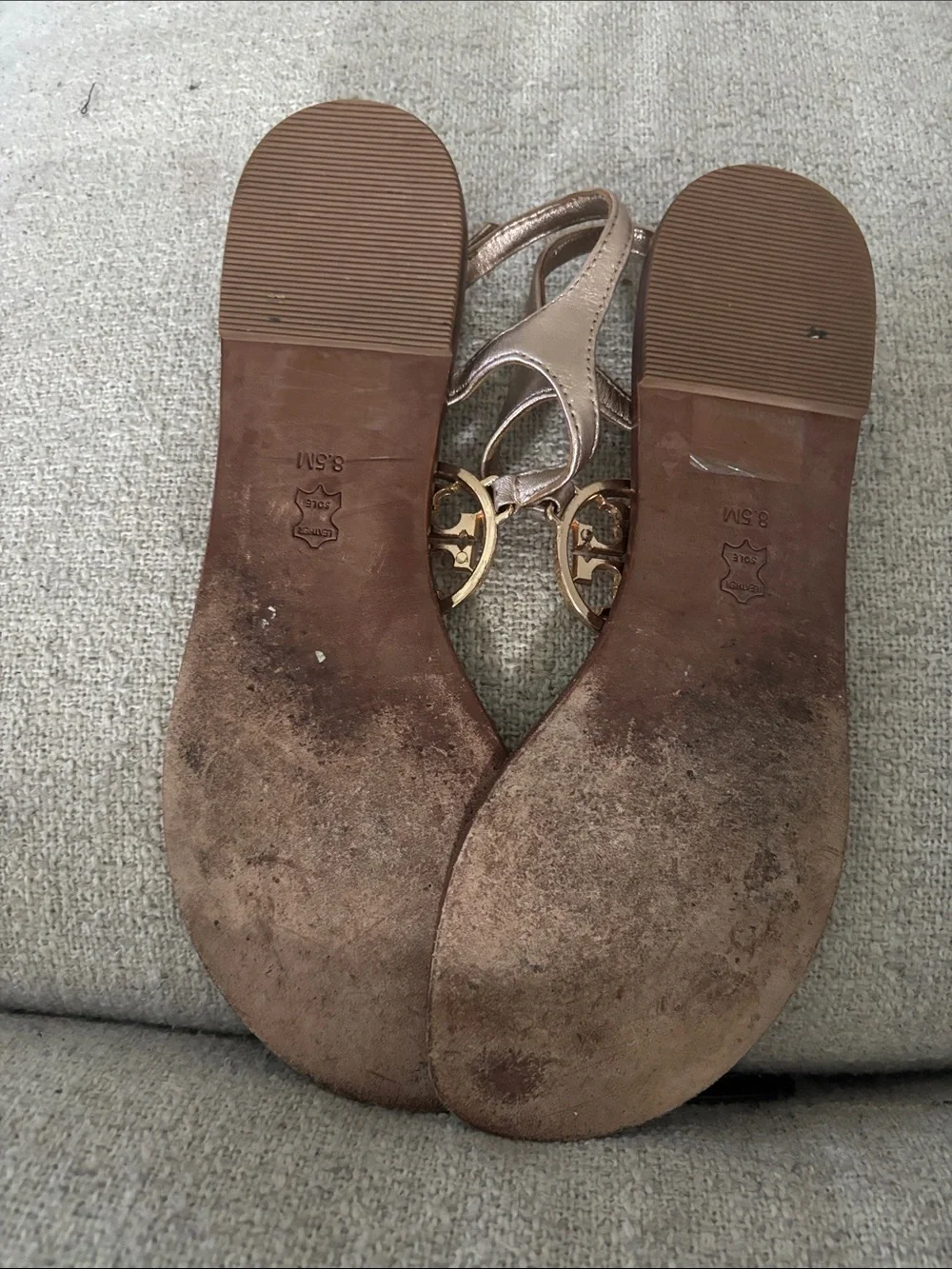 Tory Burch Metallic Rose Gold T-Strap Logo Sandals